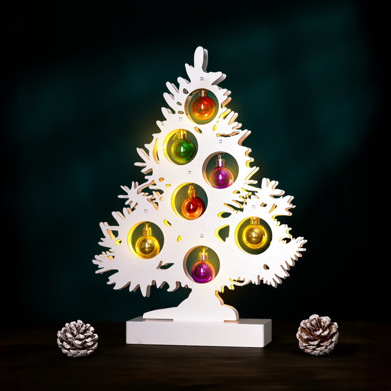 Wooden Christmas Tree with Multicolour Baubles & 6 LED Lights
