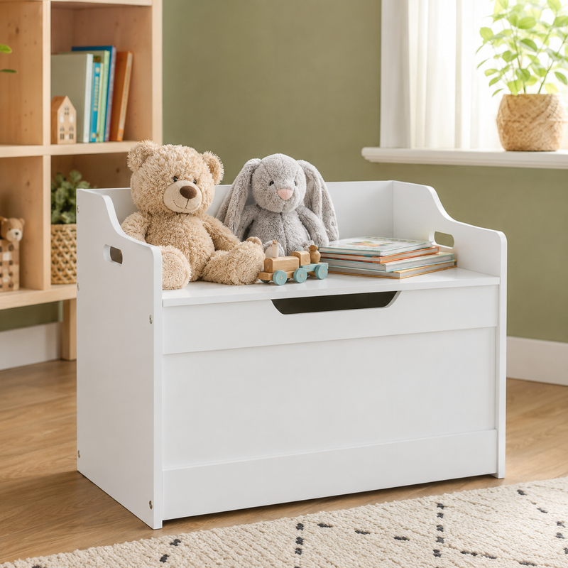 White Wooden Storage Box with Bench