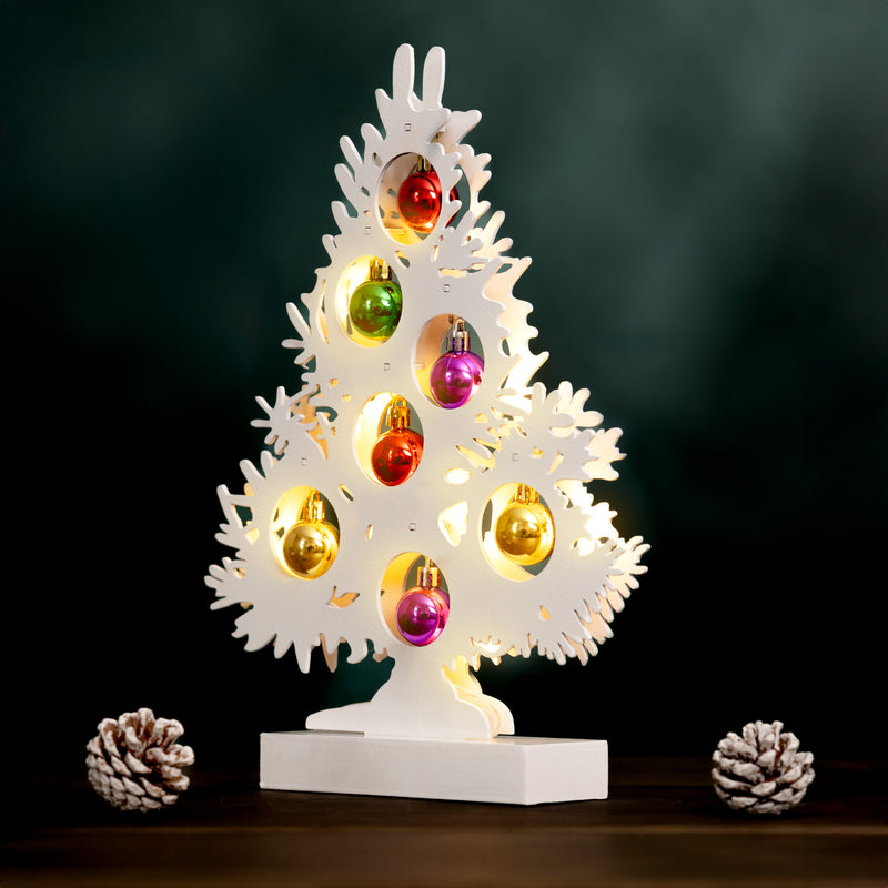 Wooden Christmas Tree with Multicolour Baubles & 6 LED Lights