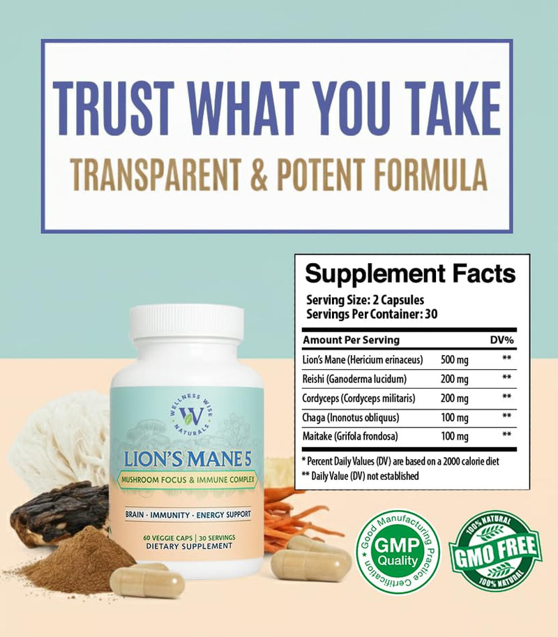 Wellness Wise Naturals Lion's Mane 5-Mushroom Complex – Focus & Immune Support | 60 Count