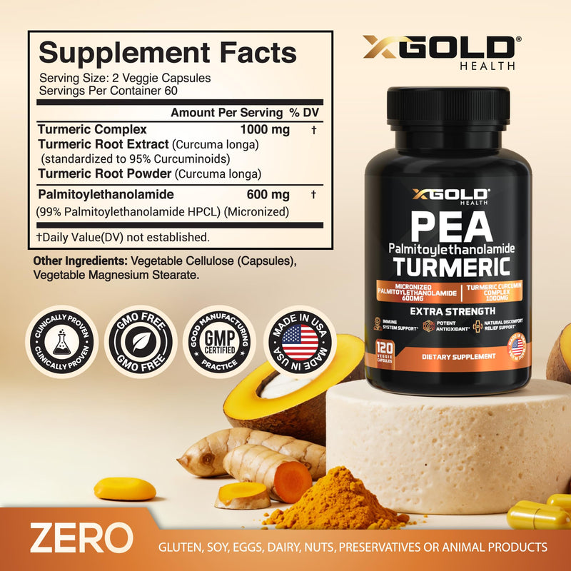 X Gold Health Pea PEA + Turmeric Curcumin Complex – 1600mg Micronized, 99% PEA & 95% Curcuminoids – Joint Support, Mobility & Comfort – Made in USA