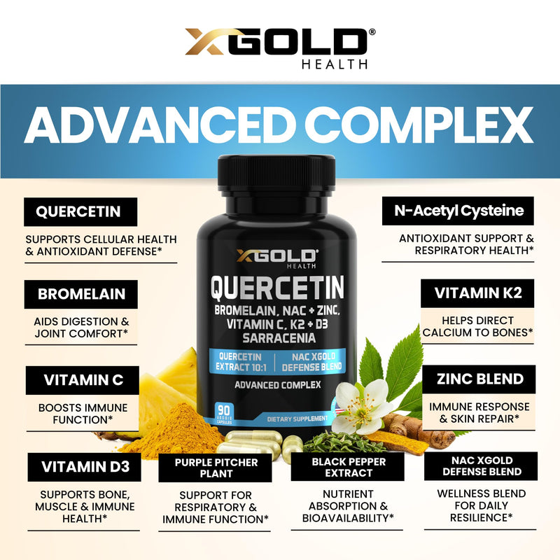 X Gold Immune Support - Quercetin 1000mg, NAC 1000mg, Zinc + D3+K2 | 120 Caps