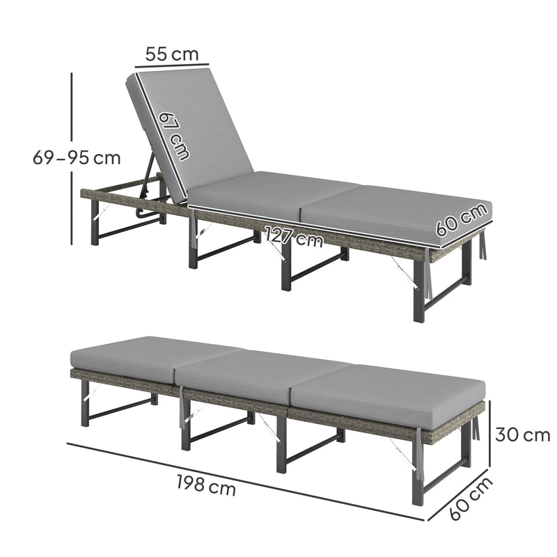 Outsunny Folding Rattan Sun Lounger with Adjustable Back, Cushion, Grey
