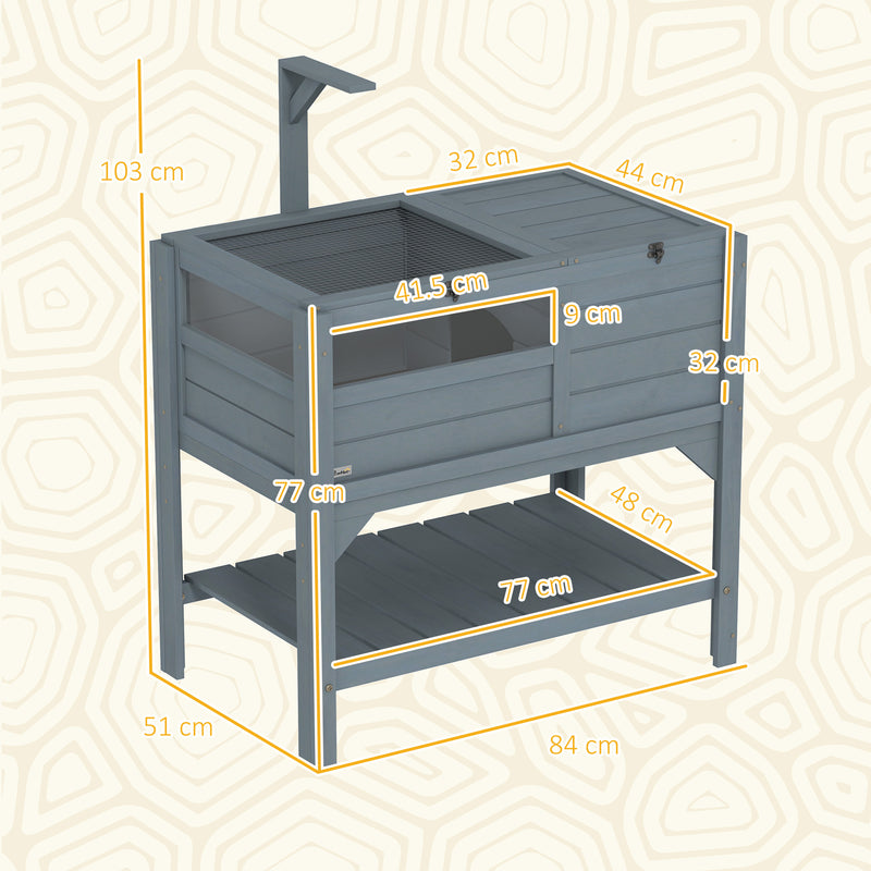 PawHut Wooden Tortoise House w/ Run, Shelter, Shelf, Lamp Holder, Grey