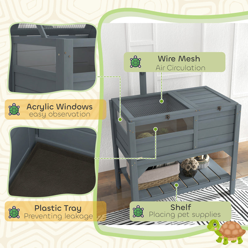 PawHut Wooden Tortoise House w/ Run, Shelter, Shelf, Lamp Holder, Grey