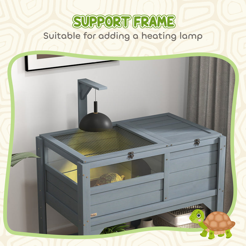 PawHut Wooden Tortoise House w/ Run, Shelter, Shelf, Lamp Holder, Grey