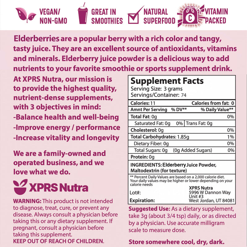 XPRS Nutra Elderberry Juice Powder - Organic Elderberry Powder, Vitamin A & C - 8 oz Pack of 2