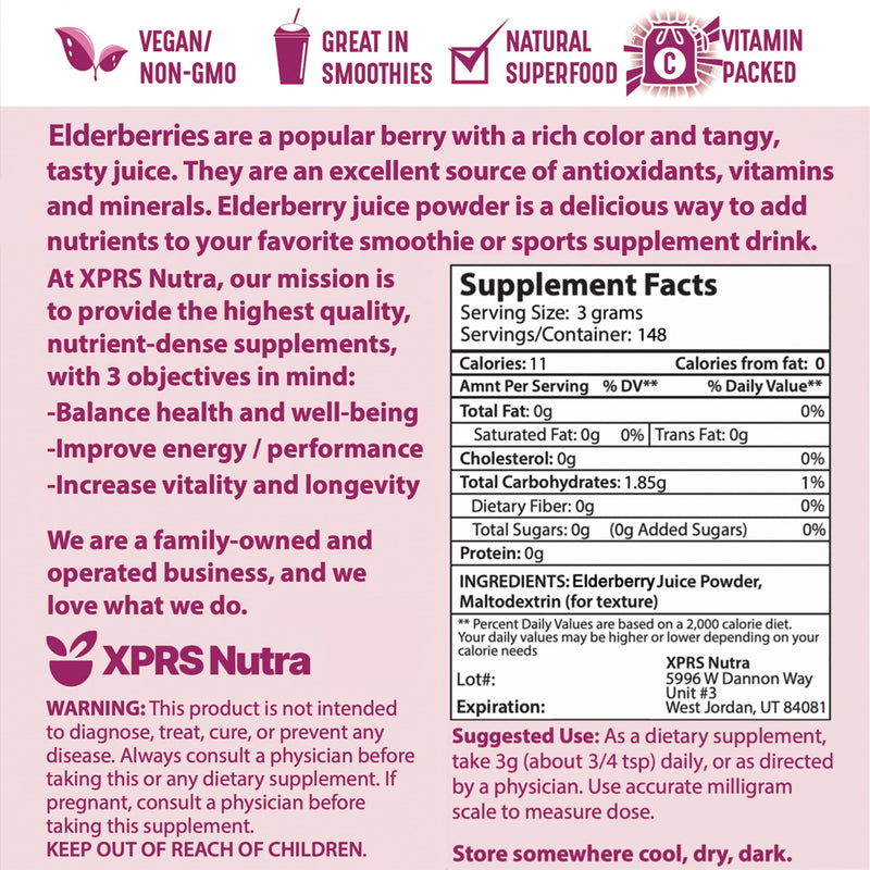 XPRS Nutra Elderberry Juice Powder – Organic Elderberry Powder (16 oz) | Vitamin A & C