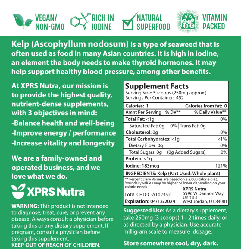 XPRS Nutra Organic Kelp Powder (Ascophyllum Nodosum) – Seaweed Powder with Iodine, Vitamins & Minerals | 4 oz