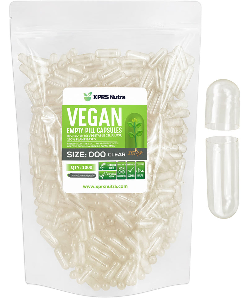XPRS Nutra Vegan Size 000 Empty Capsules – 1000 Count Clear Veggie Capsules for DIY Filling
