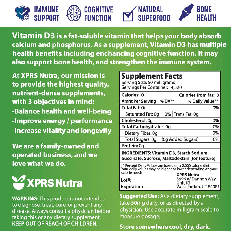 XPRS Nutra Vitamin D3 Powder (Cholecalciferol) - Unflavored 8 oz Pack of 6