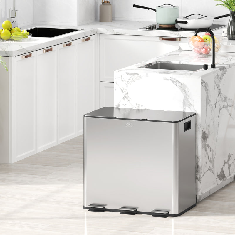 HOMCOM 3 x 15L Triple Kitchen Bin Pedal Bin for Recycling and Waste, Silver