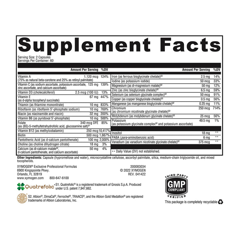 XYMOGEN ActivNutrients with Iron & Copper – Premium Multivitamin & Mineral for Wellness, Energy & Mood Support (120 Capsules)