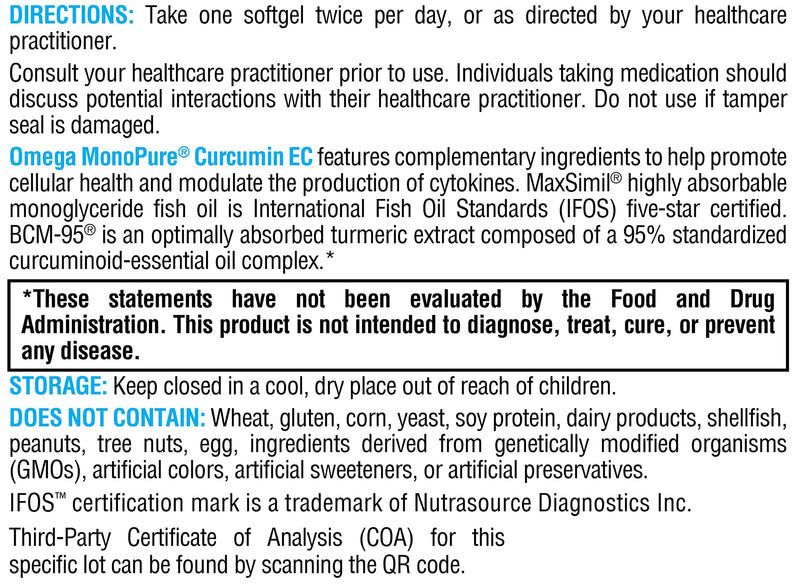 XYMOGEN Omega MonoPure Curcumin EC - Fish Oil + Turmeric (30 Softgels)