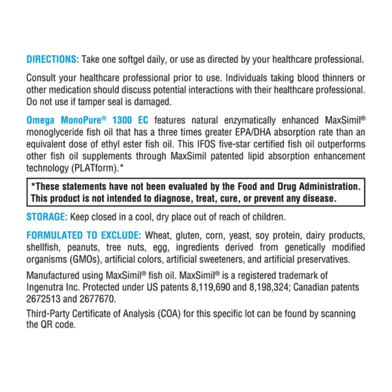 XYMOGEN Omega MonoPure 1300 EC — 3X Absorption DHA/EPA Omega-3 (60 Softgels)