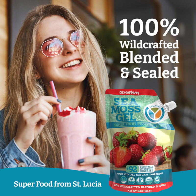 Yemayá Organic Sea Moss Gel – Wildcrafted Raw Seamoss, Strawberry, 16 oz