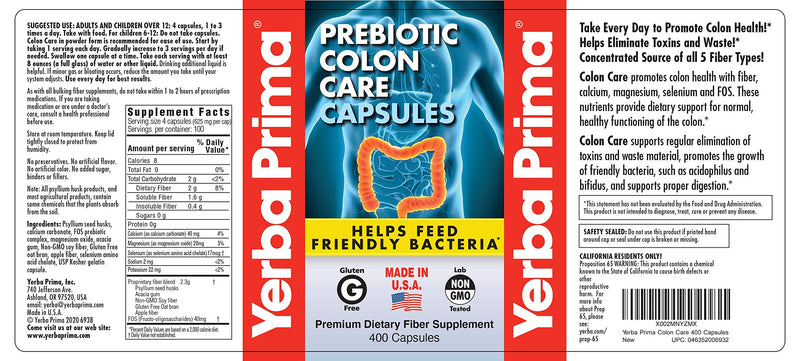 Yerba Prima Colon Care Capsules, 400 Caps – Five Fiber Types + FOS Prebiotics