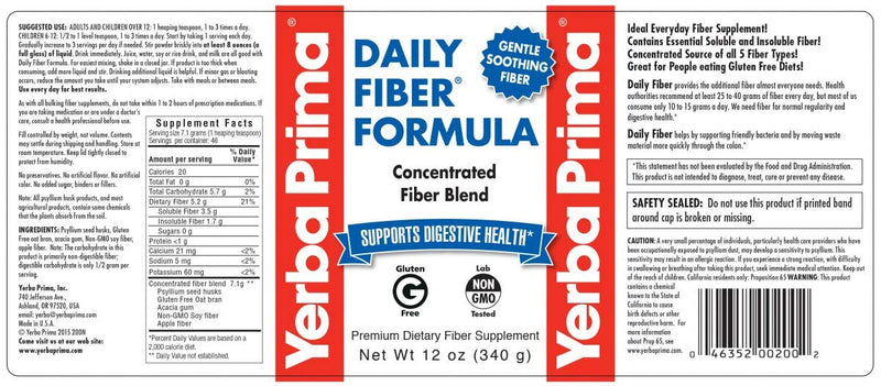 Yerba Prima Daily Fiber Formula 12 oz (3 Pack) - Soluble & Insoluble Dietary Fiber Supplement - Colon Health - Vegan, Non-GMO, Gluten-Free