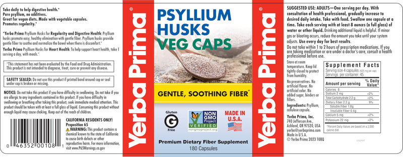 Yerba Prima Psyllium Husk Veg Caps – 180 Count (2 Pack), 625mg – Vegan, Non-GMO, Gluten Free