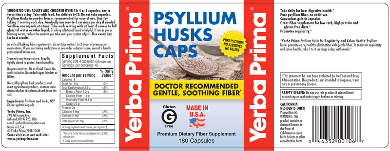 Yerba Prima Psyllium Husks Caps – 180 Caps (Pack of 3) Non-GMO Gluten Free Fiber
