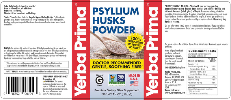 Yerba Prima Psyllium Husks Powder - 4 x 12 oz Pack (New Label) - Natural Fiber for Regularity & Gut Health