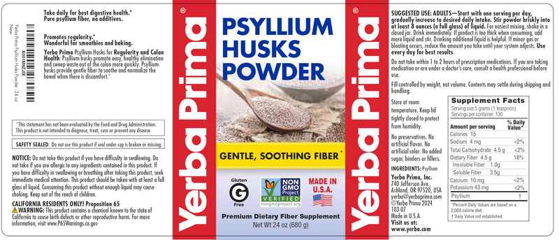 Yerba Prima Psyllium Husks Powder - 24 oz (Pack of 2) Unflavored, Fine Ground, Natural Fiber Supplement
