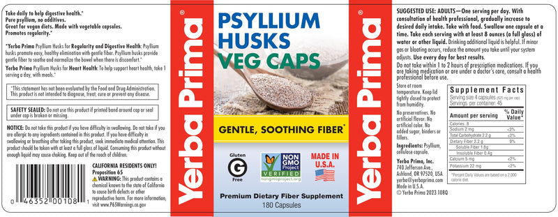 Yerba Prima Psyllium Husks Veg Caps - 180 Count Pack of 3 | Vegan, Non-GMO, Gluten Free Fiber Supplement