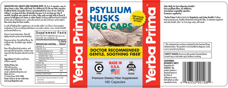 Yerba Prima Psyllium Husks Veg Caps – 4x180 Count | Vegan, Gluten Free, Non-GMO Fiber