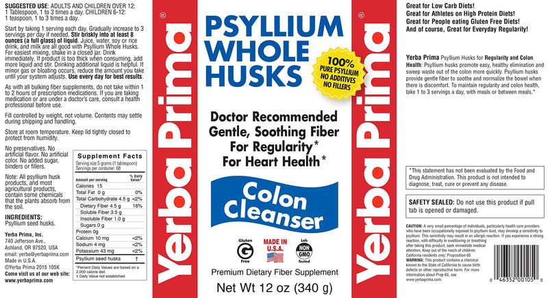 Yerba Prima Psyllium Whole Husks Colon Cleanser – 12 oz (Pack of 3)