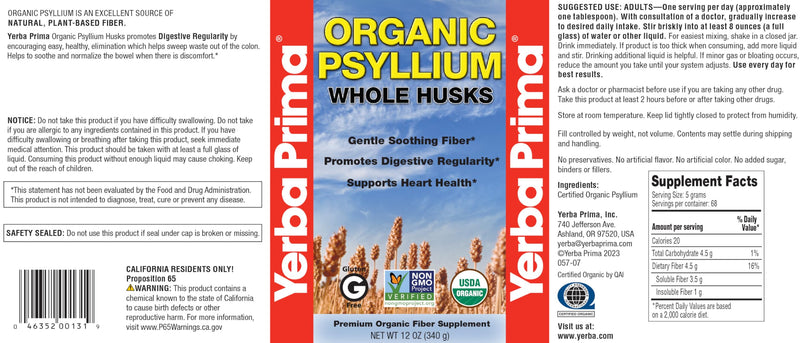 Yerba Prima Organic Psyllium Whole Husks 12 oz | Non-GMO | Certified Organic