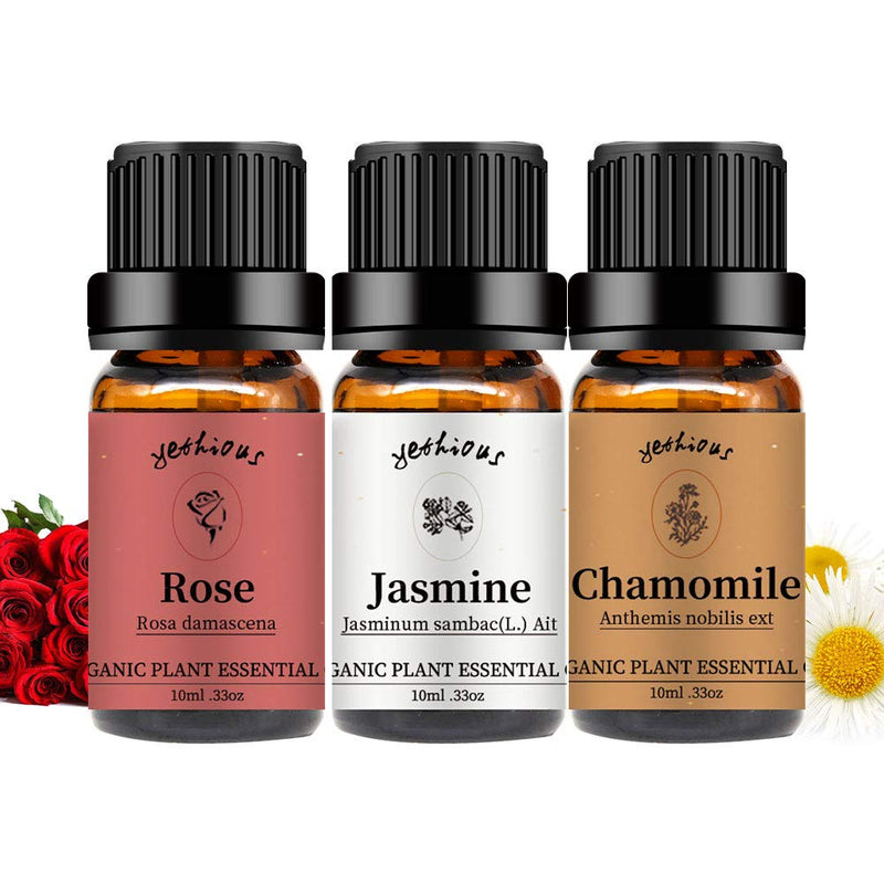 Yethious Rose Jasmine Chamomile Essential Oil Set – 100% Pure Organic, 3 x 10ml for Diffuser, Soap & Candle Making