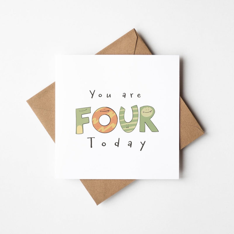 4th Birthday Card – Playful Monster Design | Square Greeting Card with Envelope