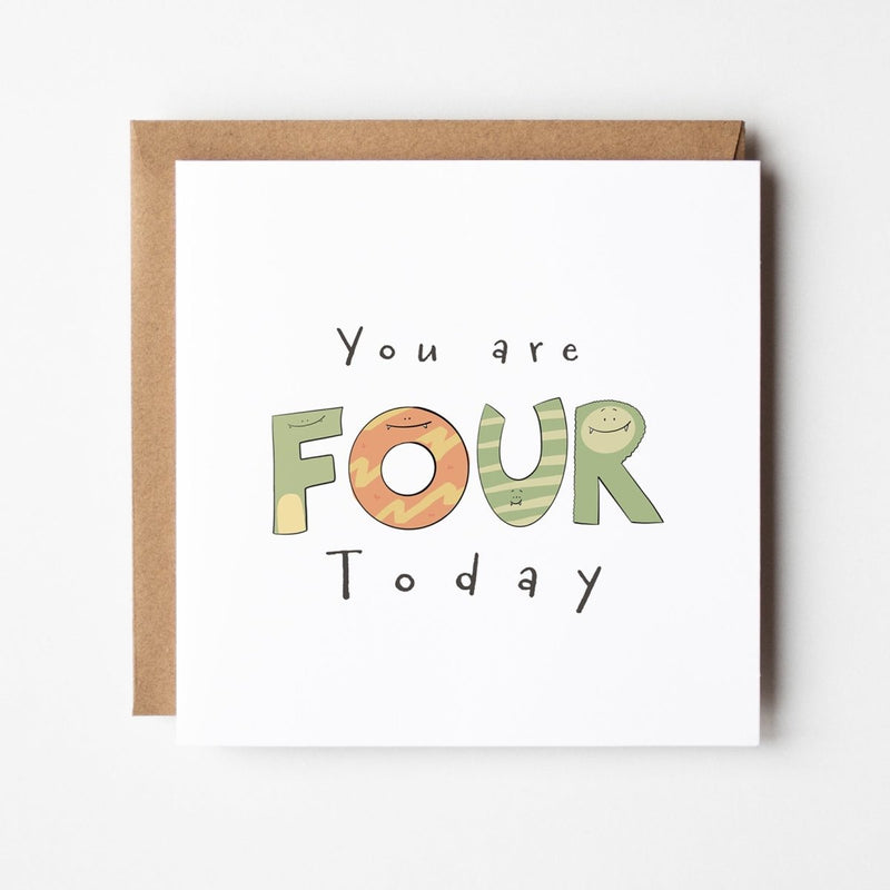 4th Birthday Card – Playful Monster Design | Square Greeting Card with Envelope
