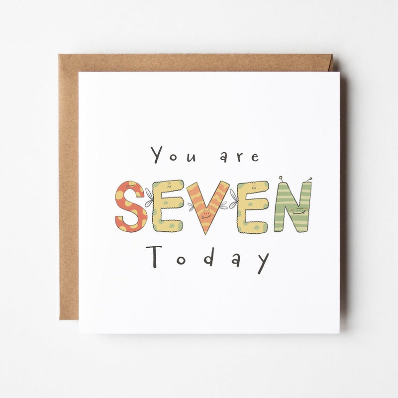 7th Birthday Card - Cute Illustrated Monster Design | Square Greeting Card with Envelope