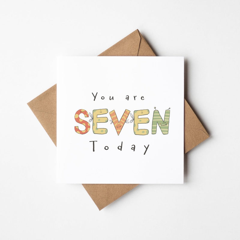 7th Birthday Card - Cute Illustrated Monster Design | Square Greeting Card with Envelope
