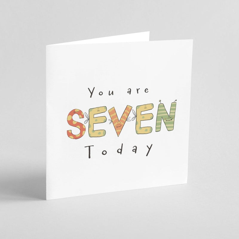 7th Birthday Card - Cute Illustrated Monster Design | Square Greeting Card with Envelope