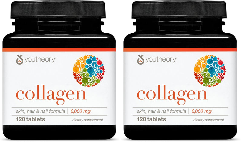 Youtheory Advanced Collagen 6,000 mg + Vitamin C – Hair, Skin & Nails (Pack of 2, 120 Tablets)