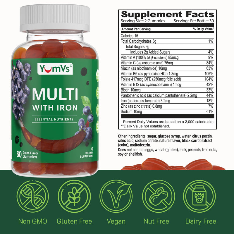 YUM-V'S Iron Gummies - Multivitamin with Iron, Vitamin C, A, B & Zinc | Grape Flavor | 60 Count