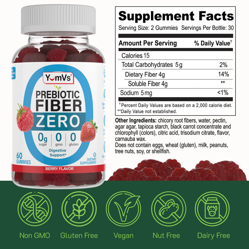 YumVs Sugar Free Fiber Gummies for Adults – 4g Prebiotic Fiber Supplement Gummies for Gut & Digestive Health – Keto Friendly, Vegan, Gluten Free, Non-GMO – Great Tasting Berry Flavor – 60 Count
