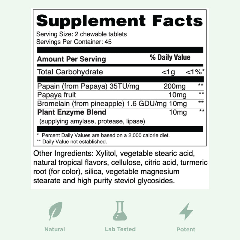 Yuve Naturals Chewable Papaya Enzymes – Sugar-Free Plant-Based Digestive Enzymes – Vegan, Non-GMO, Gluten-Free – 90ct