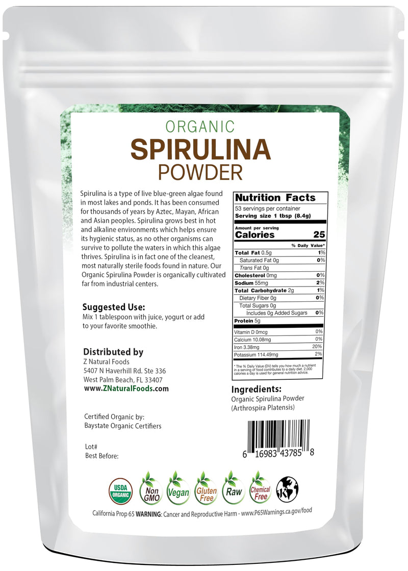 Z Natural Foods Organic Spirulina Powder - 100% Pure Spirulina, Nutrient-Dense Blue-Green Algae Superfood with Amino Acids, 15x Beta-Carotene - Mix in Smoothies, Yogurt, Recipes, 1 lb (Pack of 2)