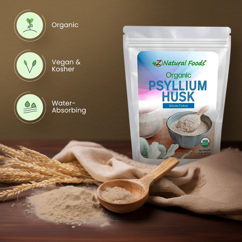 Z Natural Foods Organic Whole Psyllium Husk Flakes – Natural Fiber Supplement, Vegan, Gluten-Free, 1 lb