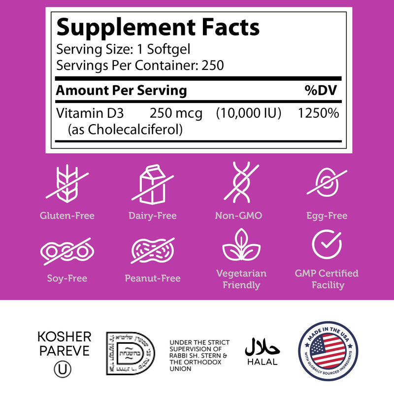 Zahler Vitamin D3 10,000 IU Softgels – 250 Count, 2-Pack | Kosher & Vegetarian