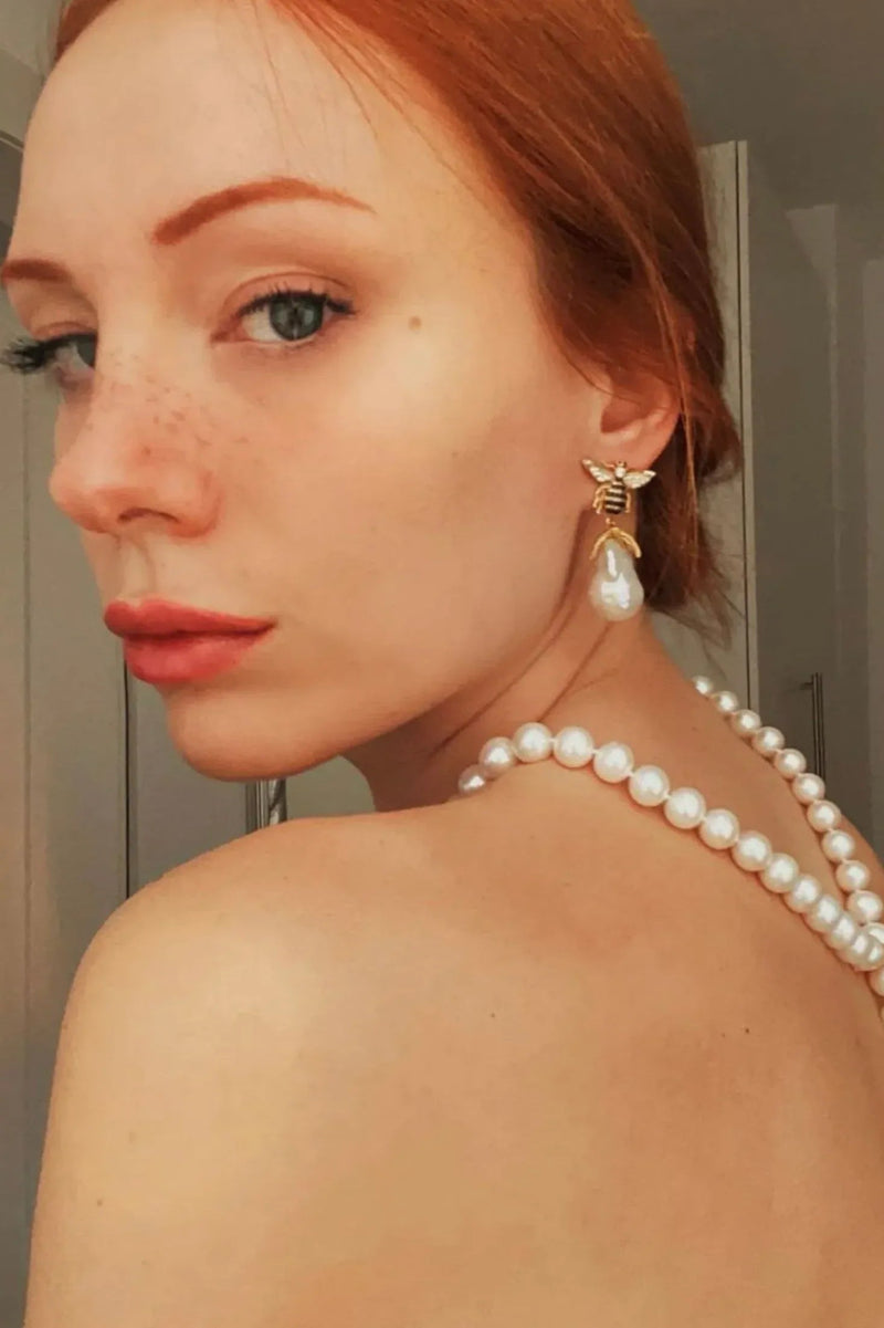 Baroque Pearl Honey Bee Drop Earrings Gold