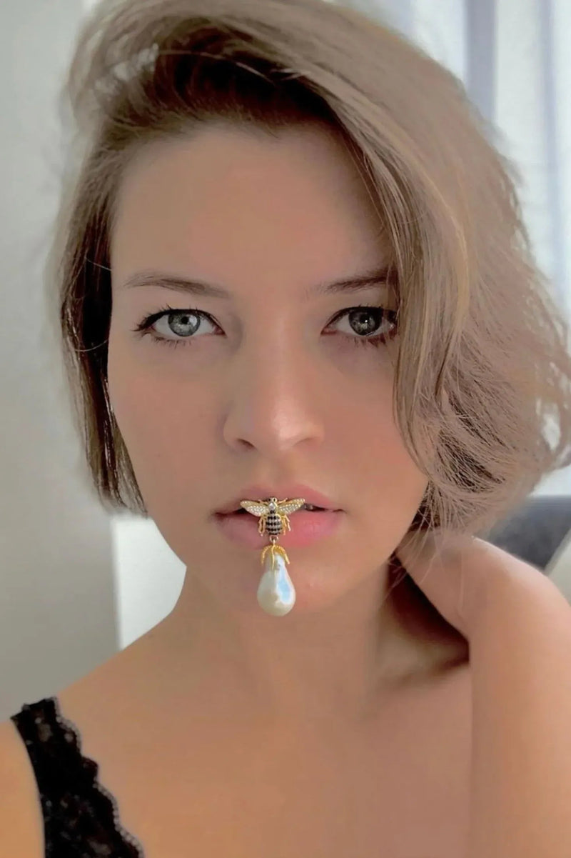 Baroque Pearl Honey Bee Drop Earrings Gold