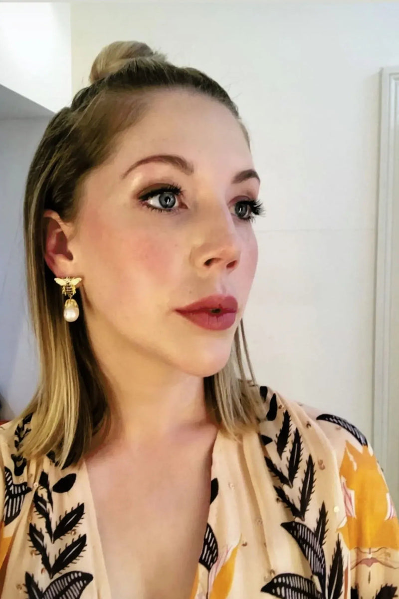 Baroque Pearl Honey Bee Drop Earrings Gold