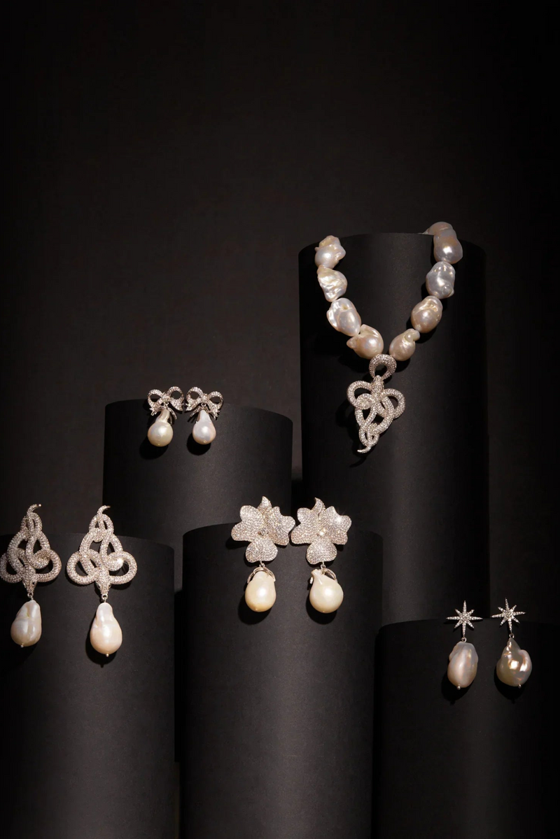 Baroque Pearl White Flower Drop Earring Silver