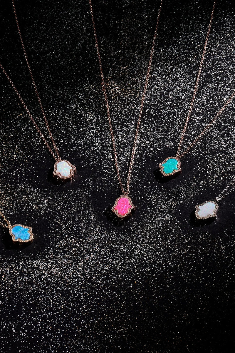 Hamsa Opalite Turquoise Blue Necklace Gold