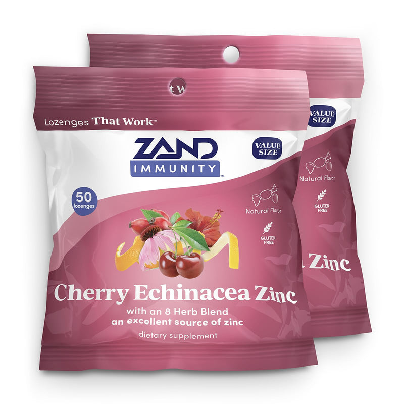 ZAND Immunity Cherry Echinacea Zinc Throat Lozenges 2 Pack - Immune Support, Zinc 5mg - Gluten Free, 50ct