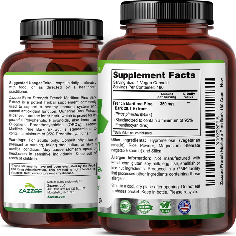 Zazzee Extra Strength French Maritime Pine Bark Extract 20:1 – 350 mg per Capsule, 180 Vegan Capsules